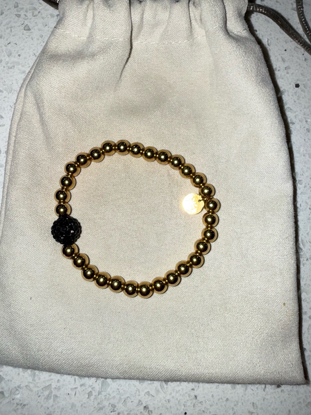 Rustic Cuff Gold Beaded Bracelet with Black Accent Bead
